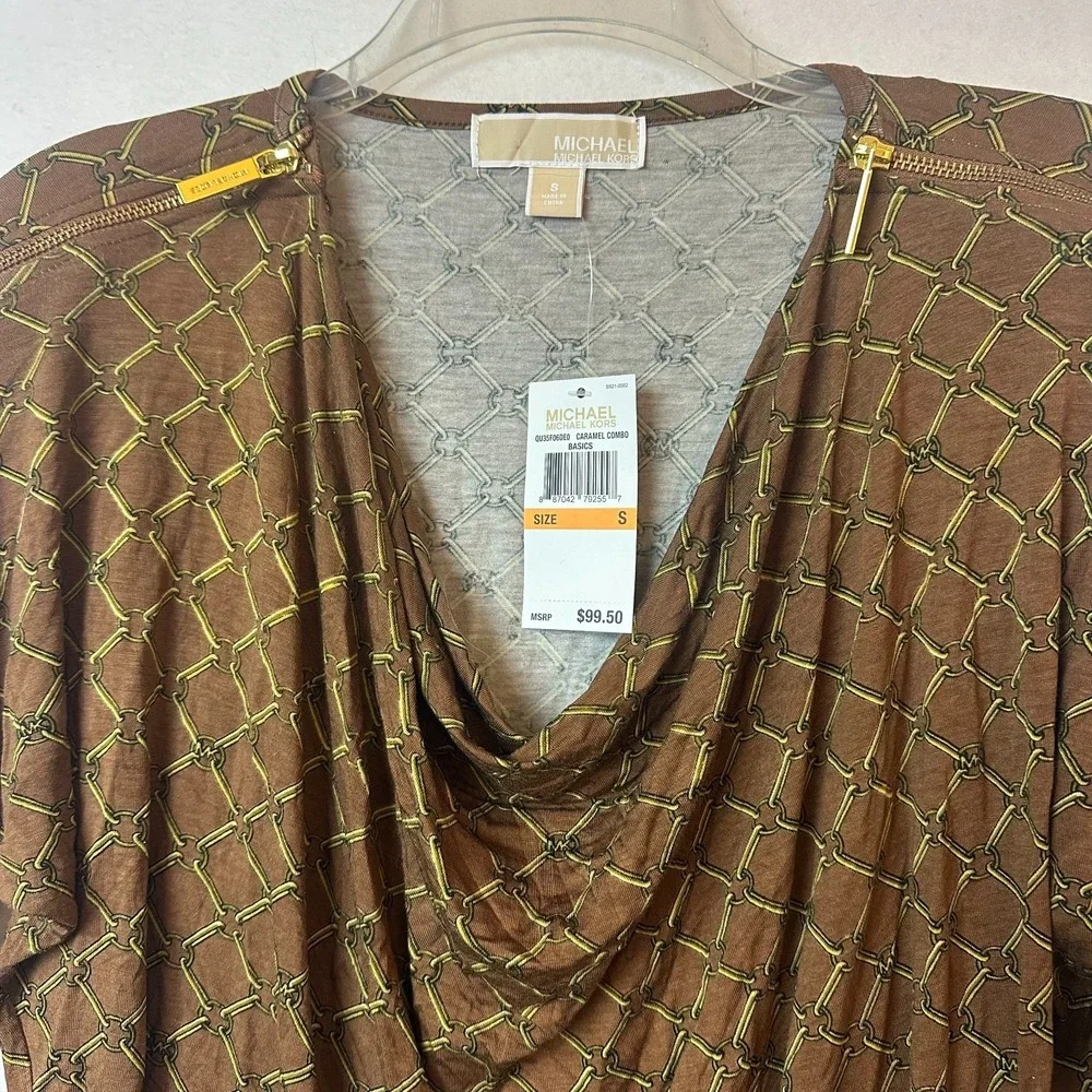Michael‎ Kors Caramel brown Equestrian Chain Print Cowl Neck Zipper Top sz Small
